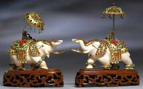 Appraisal: PAIR JEWELED IVORY ELEPHANTS Pair well carved ivory models of