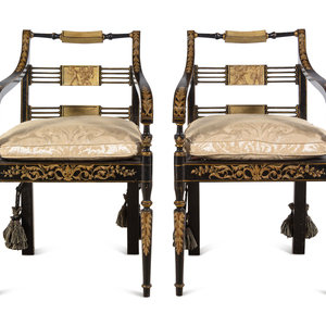 Appraisal: A Pair of Regency Painted and Ebonized Armchairs th Century