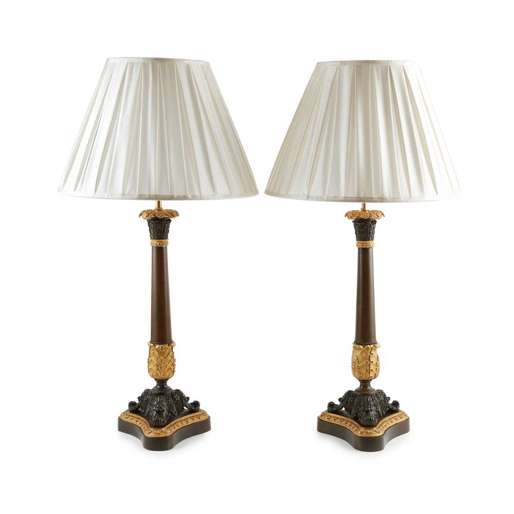 Appraisal: PAIR OF LARGE REGENCY PATINATED AND GILT BRONZE CANDLESTICK LAMPS