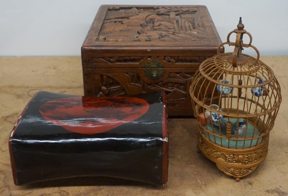 Appraisal: Chinese Carved Wood Box Lacquered Pillow and Birdcage