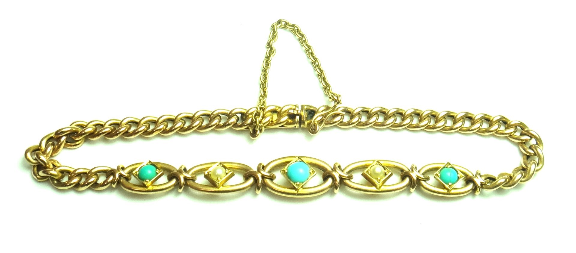 Appraisal: A gold turquoise and half pearl set curb link bracelet