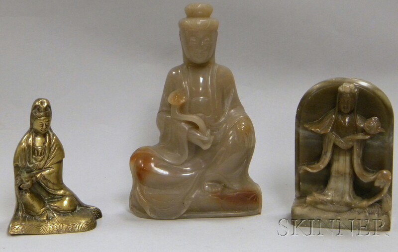 Appraisal: Chinese Bronze Guan Yin Carved Soapstone Guan Yin and a