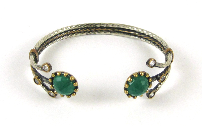 Appraisal: GREEN JADE AND SILVER CUFF BRACELET set with six round-cut