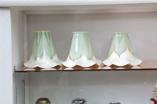 Appraisal: THREE ART GLASS SHADES All iridescsent with green and gold