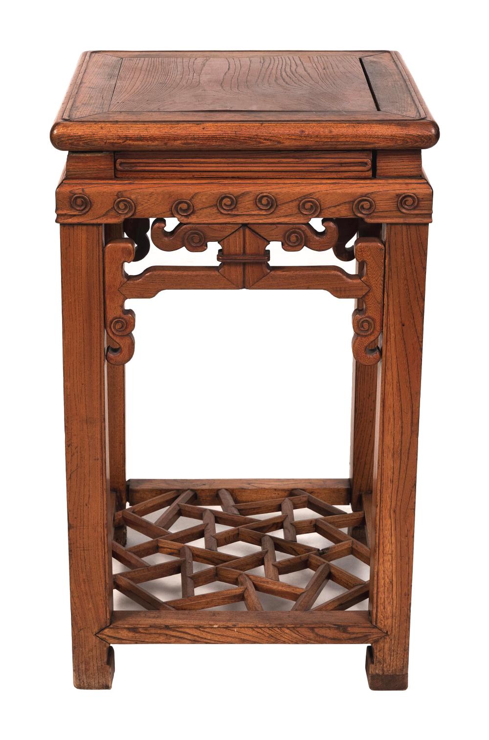 Appraisal: CHINESE CARVED ELMWOOD COUNTRY-STYLE ONE-DRAWER STAND EARLY TH CENTURY HEIGHT