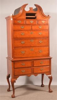 Appraisal: Amer Chippendale Cherry Bonnet Top Highboy American Chippendale Cherry Bonnet