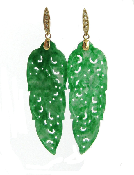 Appraisal: PAIR OF JADE AND DIAMOND EARRINGS each k yellow gold