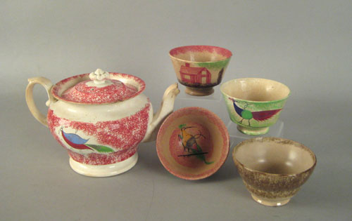 Appraisal: Red spatter teapot th c with gooney bird together with