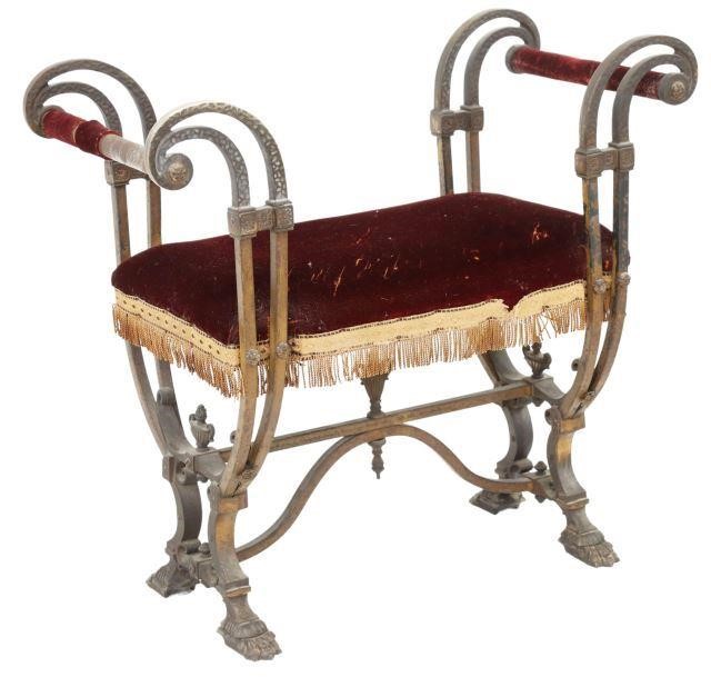 Appraisal: Continental curule bench th c iron frame with mohair upholstered