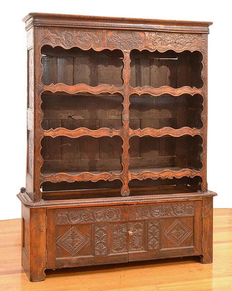 Appraisal: TH CENTURY SPANISH DECORATIVELY CARVED OAK DRESSER SOME MISSING SLATS