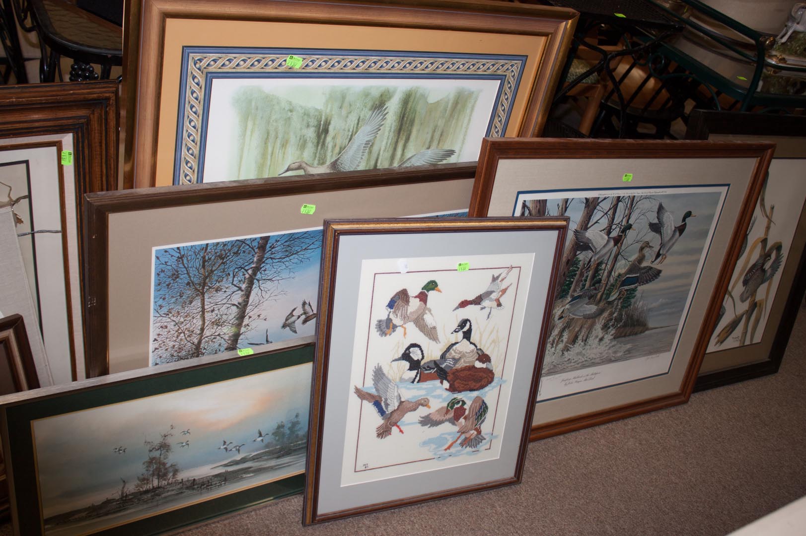 Appraisal: Ten framed prints and needlepoint of ducks