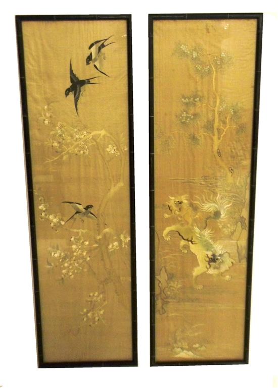 Appraisal: ASIAN Pair of Chinese silk embroideries champagne ground with multicolored