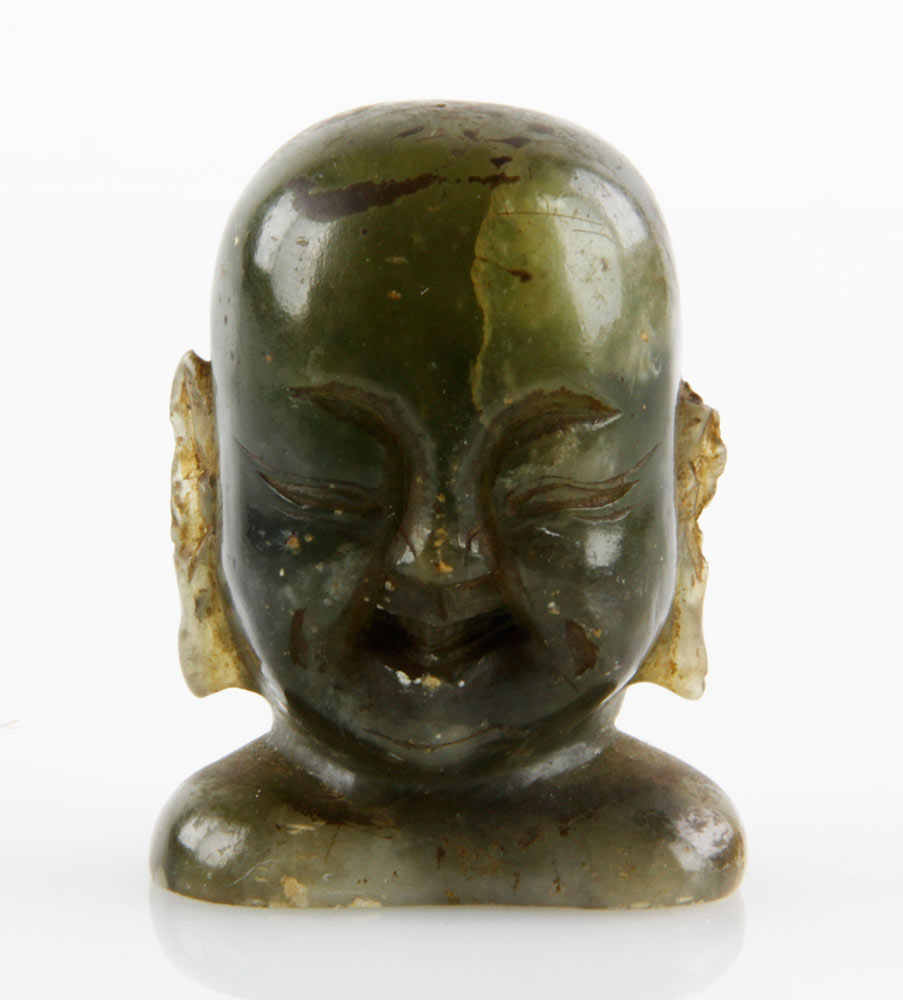 Appraisal: - th C Spinach Jade Buddha Head th century Buddha