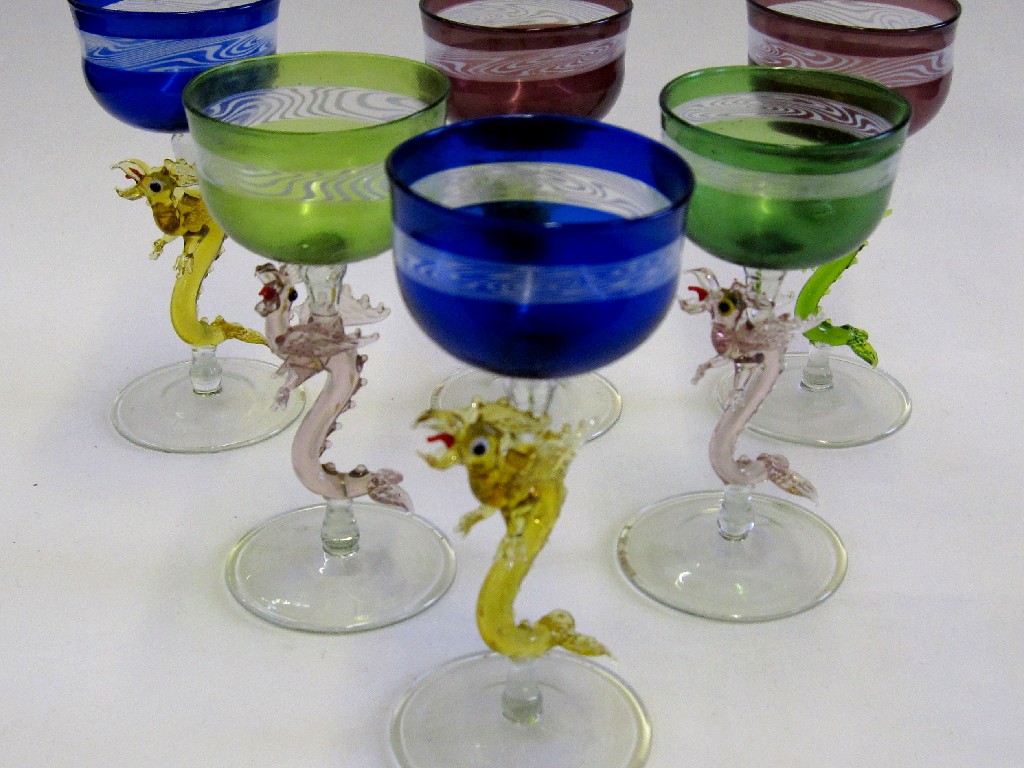 Appraisal: Set of six Venetian harlequin liqueur glasses each with applied