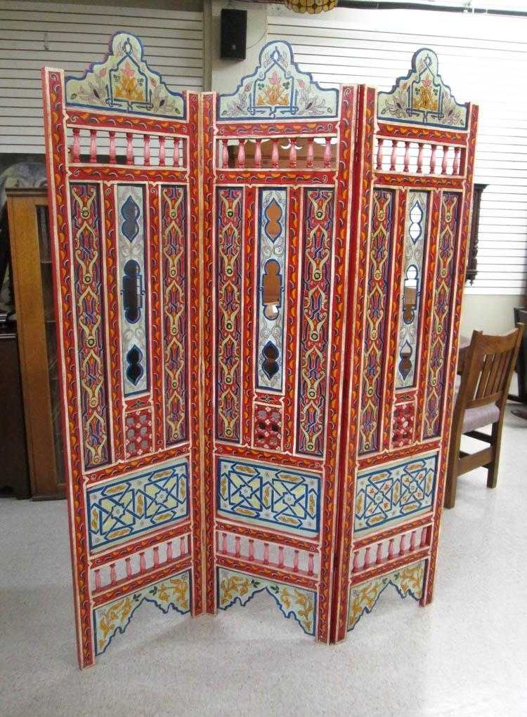 Appraisal: THREE-PANEL PAINT DECORATED FLOOR SCREEN Turkish th century H