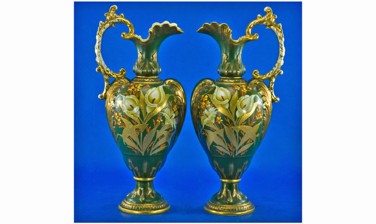 Appraisal: Pair of Late Victorian Grecian Water Jug Style Handpainted Vases