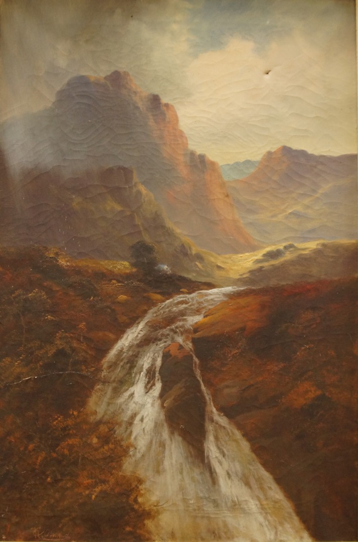 Appraisal: C W Oswald Landscape with mountains and waterfall oil on