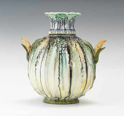 Appraisal: A Large French Majolica Vase with Corncob Handles Bulbous molded