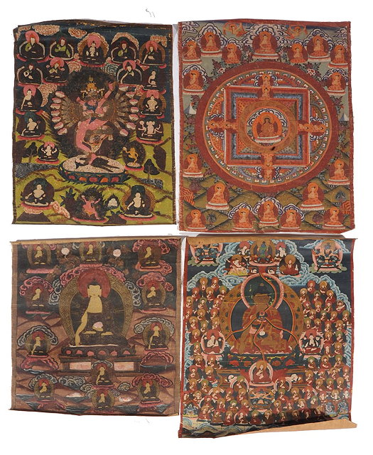 Appraisal: FOUR TIBETAN UNMOUNTED THANKA all with buddhistic subjects