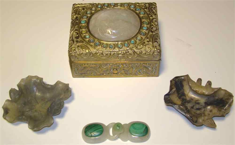 Appraisal: FOUR CHINESE JADE AND HARDSTONE OBJECTS including a gilt metal