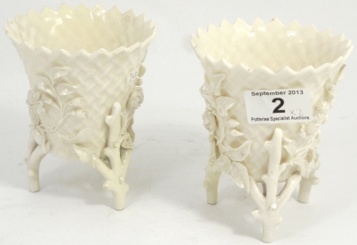 Appraisal: Pair of Belleek Ivory Floral Encrusted Latticed Vases with Second