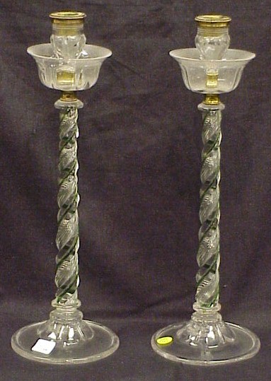 Appraisal: Pair of blown candlesticks English late th C spiral turned