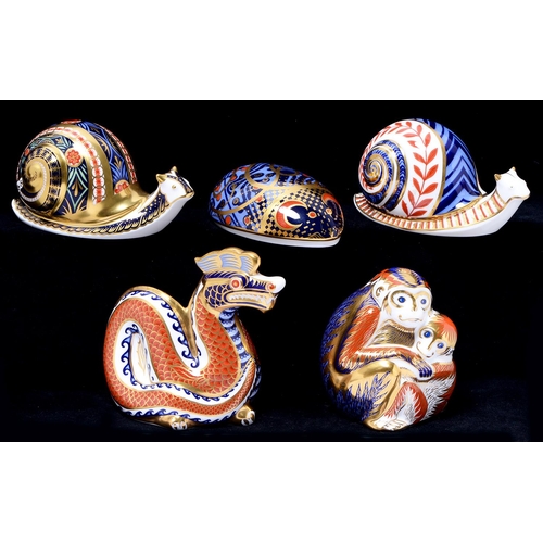 Appraisal: Four Royal Crown Derby paperweights Dragon Monkey certificate Snail and