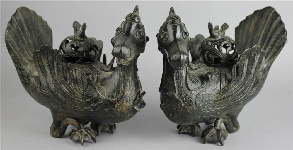 Appraisal: PAIR OF CHINESE BRONZE MANDARIN DUCK-FORM CENSERS AND COVERS TH