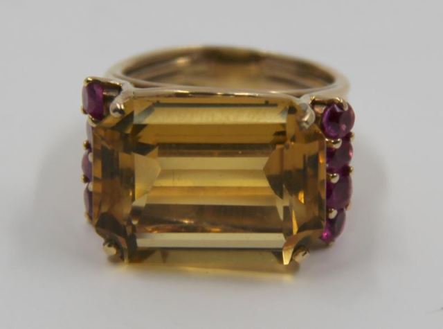 Appraisal: JEWELRY Vintage kt Gold Citrine and Ruby RingLarge central citrine