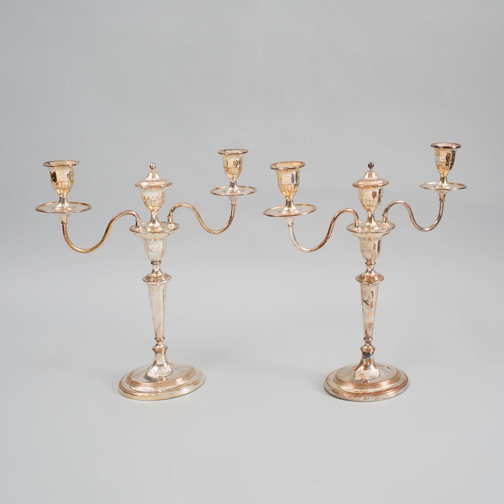 Appraisal: Pair of George III Sheffield Plate Two-Light Candelabra Each with