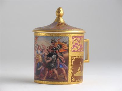 Appraisal: A Vienna coffee can and cover painted with a battle