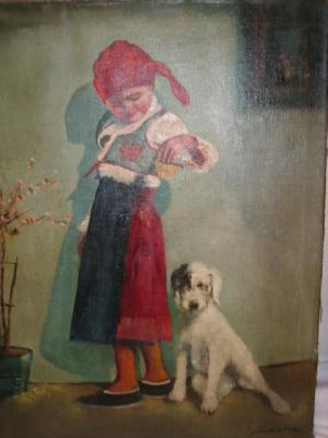 Appraisal: EASTERN EUROPEAN SCHOOL Young Girl with a Puppy indistinctly signed