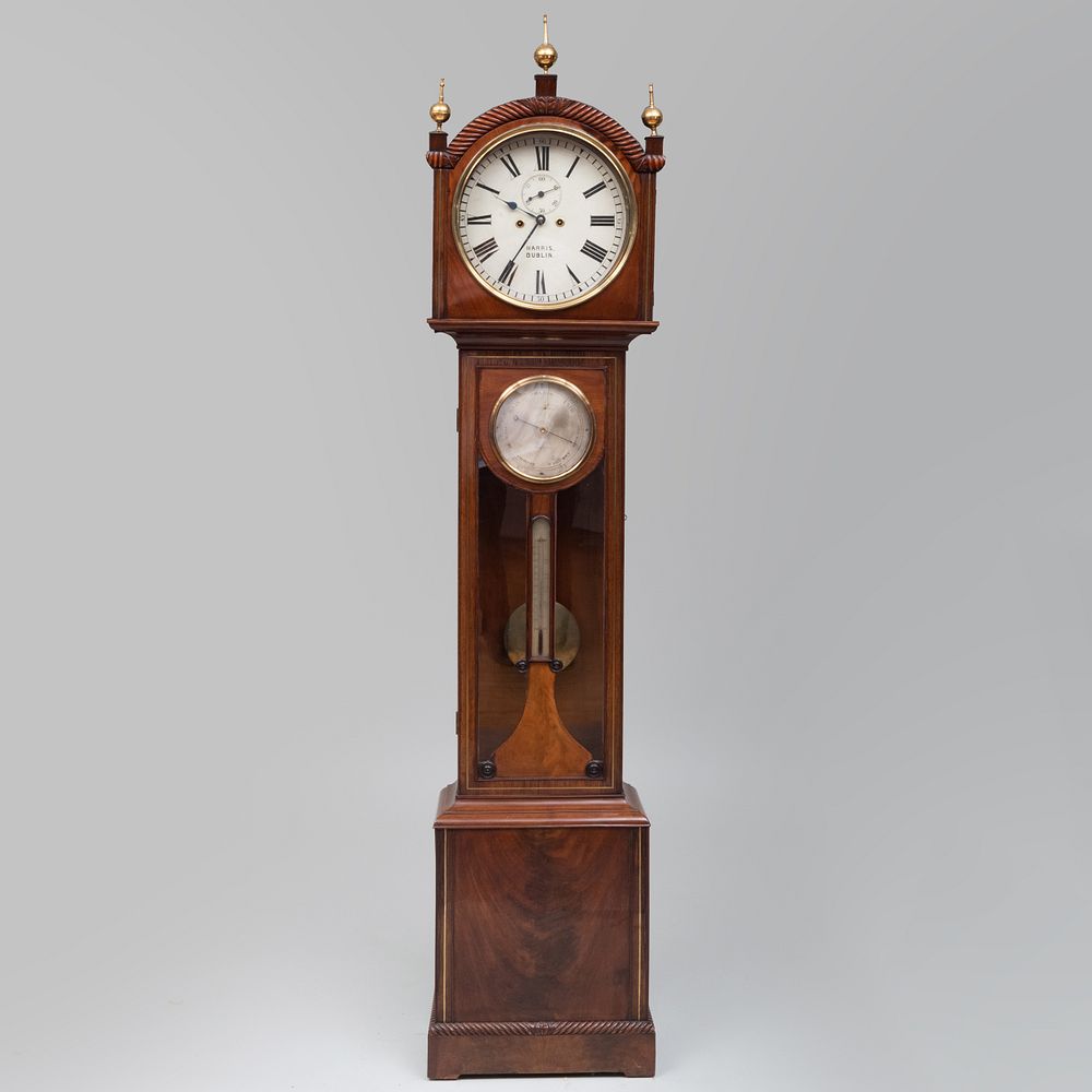 Appraisal: Late Regency Brass-Inlaid Mahogany Tall-Case Clock with Barometer and Thermometer