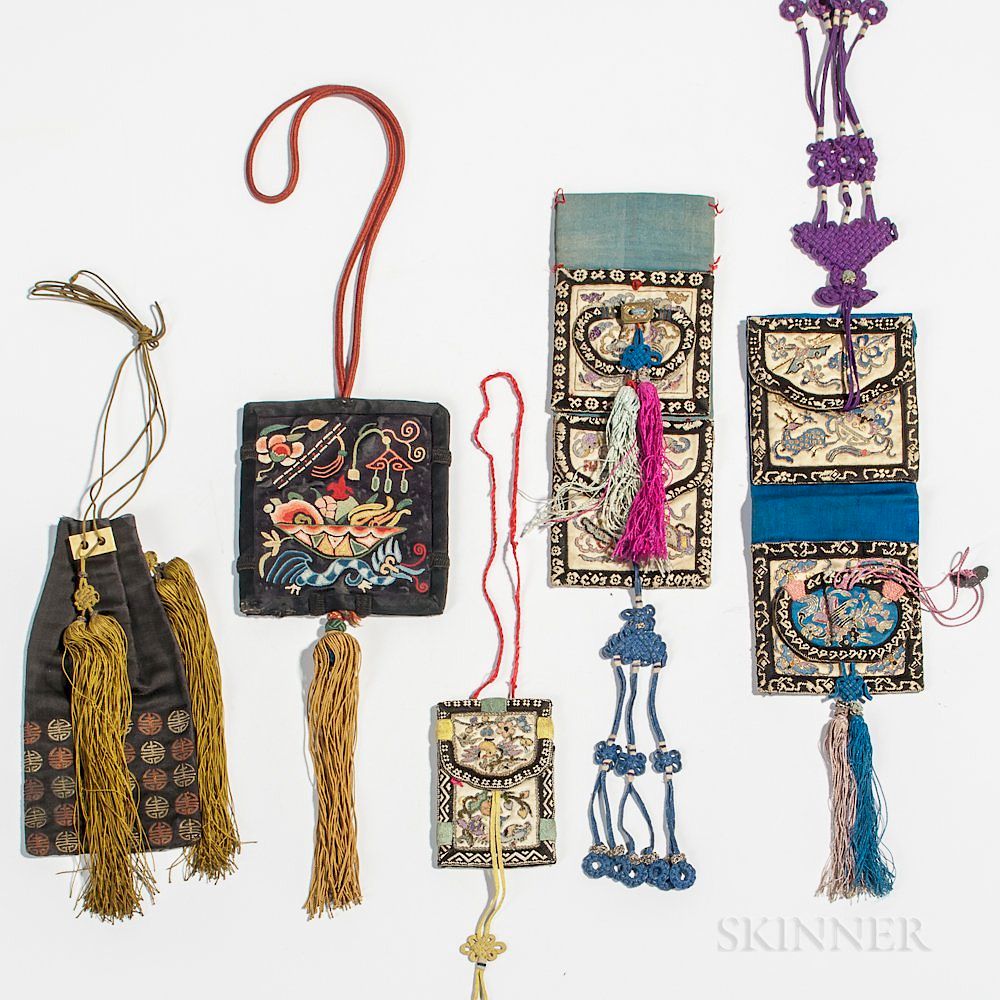 Appraisal: Five Embroidered Purses and Belt Pockets Five Embroidered Purses and