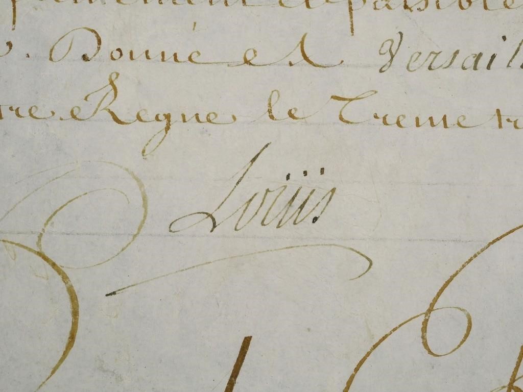 Appraisal: Handwritten vellum document signed by King Louis XV of France