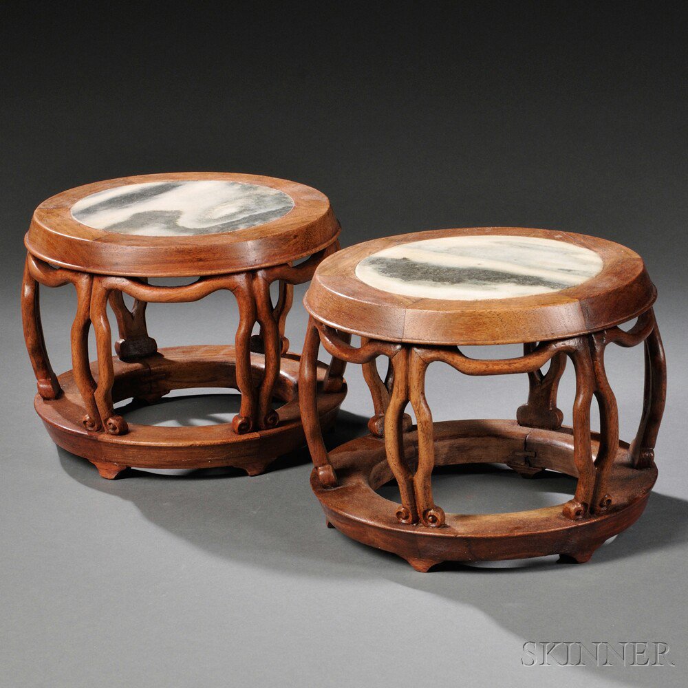 Appraisal: Pair of Tabletop Drum Stands China hardwood circular Dali shi