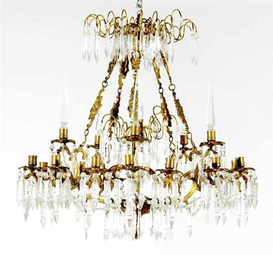 Appraisal: Continental fifteen-light bronze and crystal chandelier crystal-hung canopy leading to