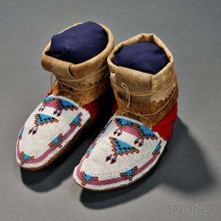 Appraisal: Plains Cree Beaded Buffalo Hide Moccasins c soft soles high