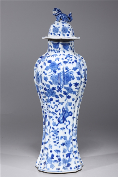 Appraisal: Tall Chinese blue and white porcelain covered vase with lion