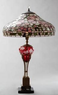 Appraisal: Cut to Clear Cranberry Glass and Spelter Table Lam Cut