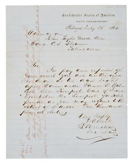 Appraisal: Stephen R MALLORY Autograph letter signed S R Mallory Sec