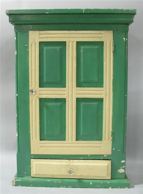 Appraisal: SMALL GREEN AND WHITE PAINTED CABINET The shallow rectangular cabinet