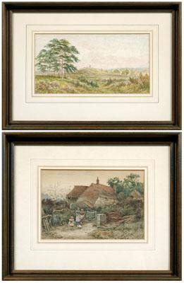 Appraisal: Two British watercolors cottage with three figures and a rabbit