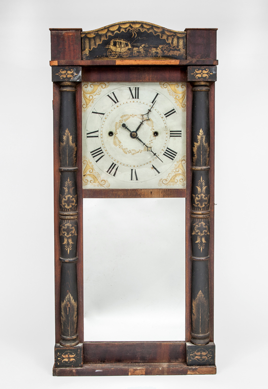 Appraisal: LATE FEDERAL STENCILED MAHOGANY SHELF CLOCK With paper label '