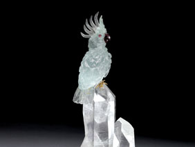 Appraisal: GEMSTONE MORGANITE COCKATOO PERCHED on QUARTZ This regal pink cockatoo