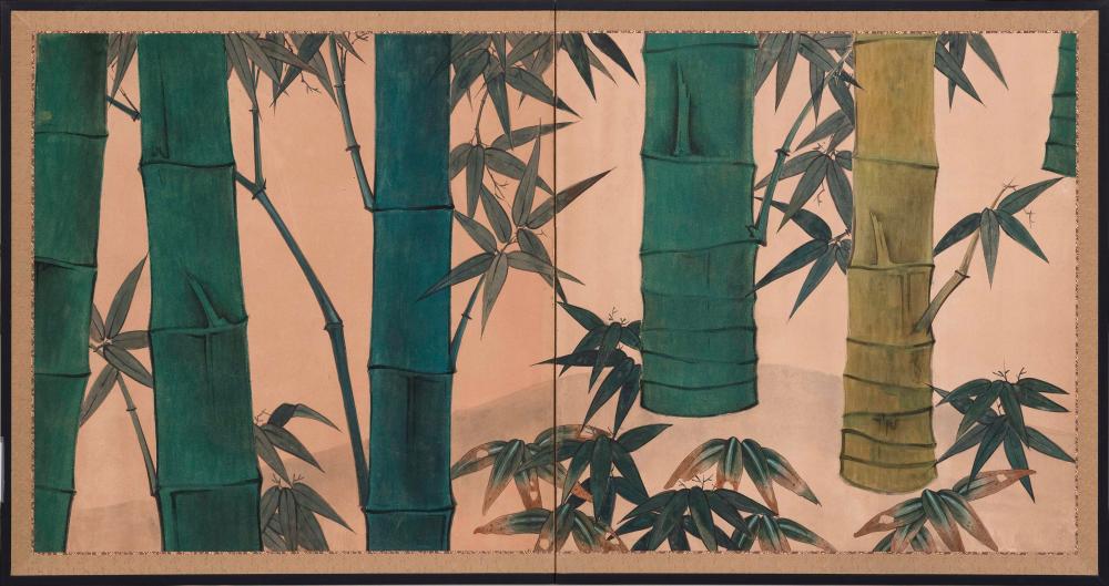 Appraisal: JAPANESE TWO-PANEL SCREEN EARLY TH CENTURY HEIGHT LENGTH JAPANESE TWO-PANEL