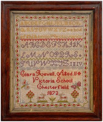 Appraisal: alphabet cross-stitch sampler ten lines of letters over stitched Clara