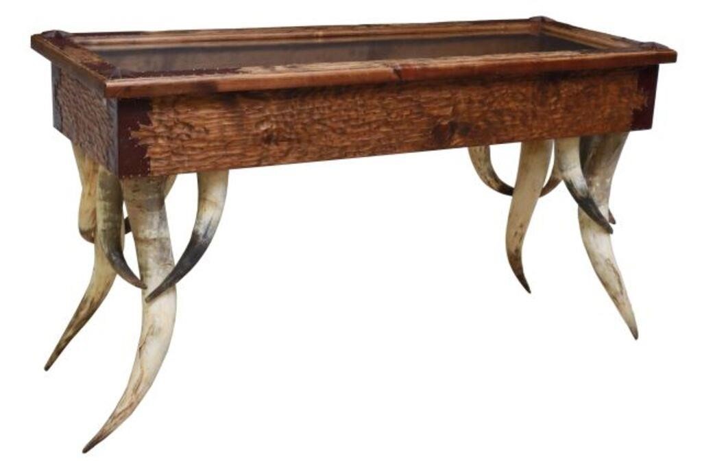 Appraisal: Western display console table textured wood hinged lid accented with