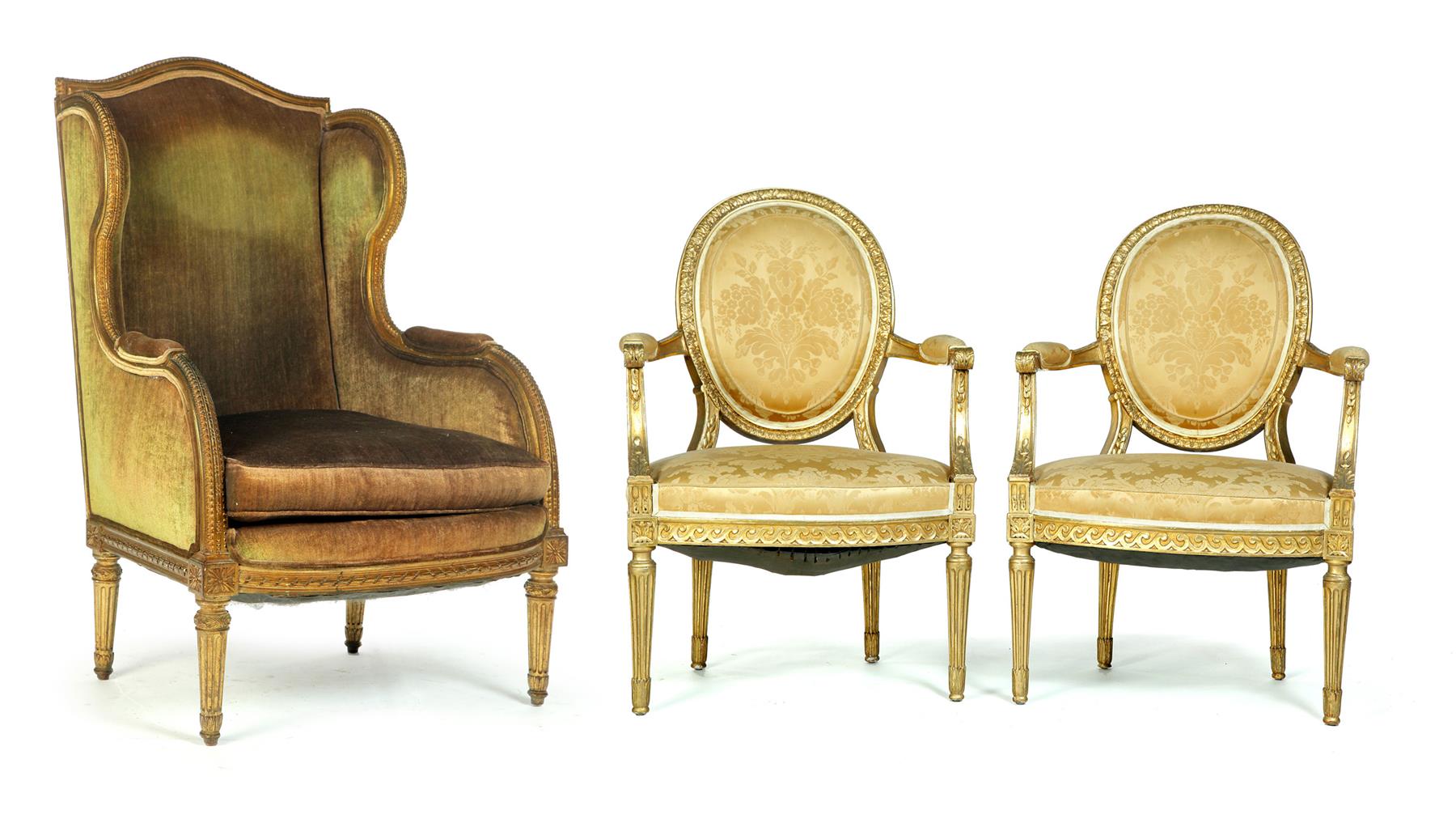 Appraisal: THREE FRENCH CHAIRS Includes a th century Louis XVI-style easy