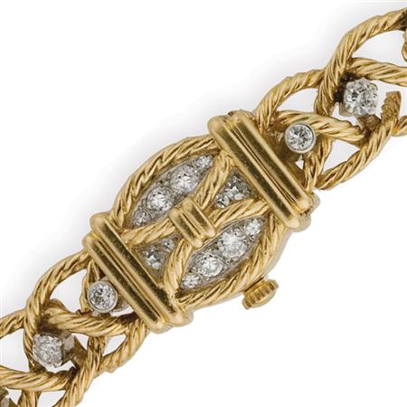 Appraisal: Gold and Diamond Bracelet-Watch Estimate -